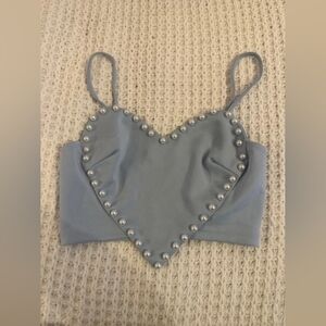 Zara Light Blue Heart Studded Crop Top